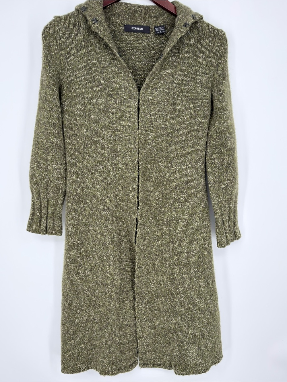 Vintage Express Merino Wool Blend Duster Cardigan Sweater S Olive Marled Knit - Picture 6 of 14